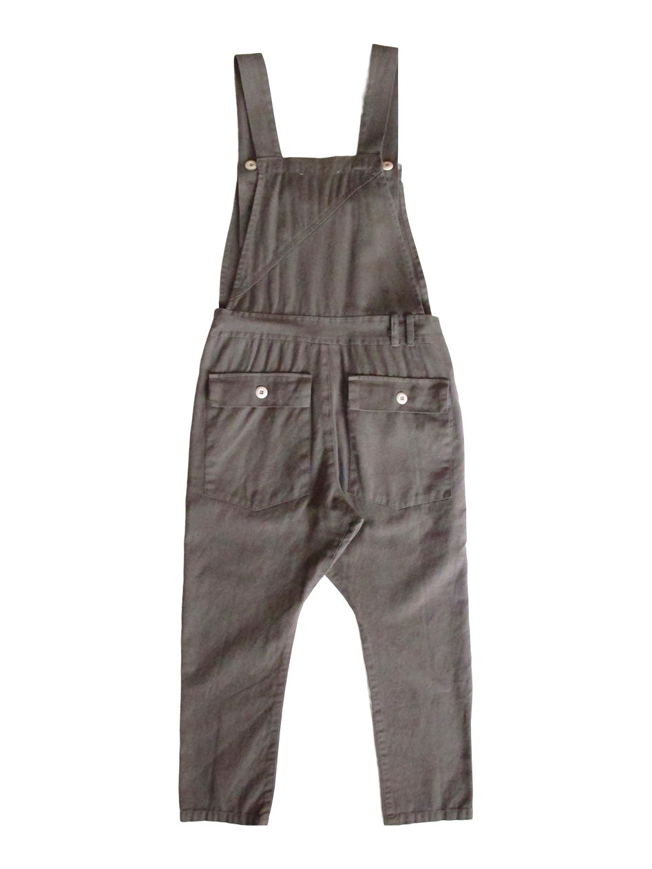 Back product view of charcoal-gray overalls with side buttons and rear pockets.