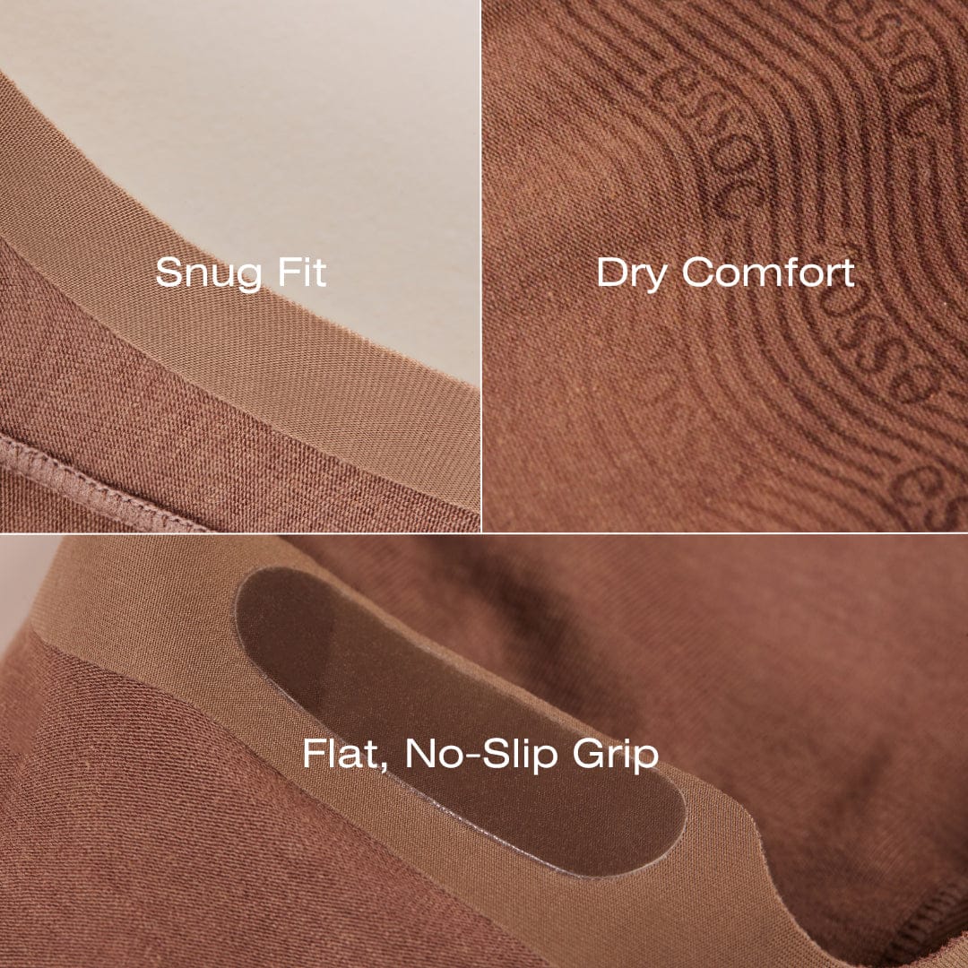 Textured brown fabric with 'Snug Fit', 'Dry Comfort', and 'Flat, No-Slip Grip' labels.