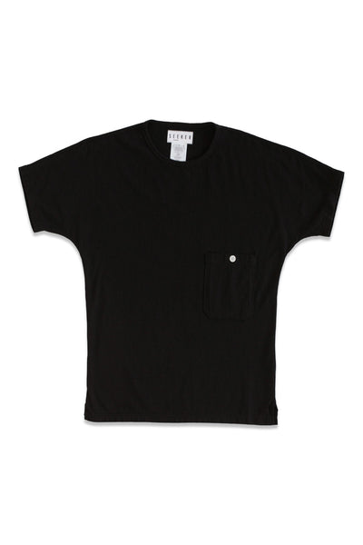 Front product view of the black dolman-sleeve tee with a small chest pocket.
