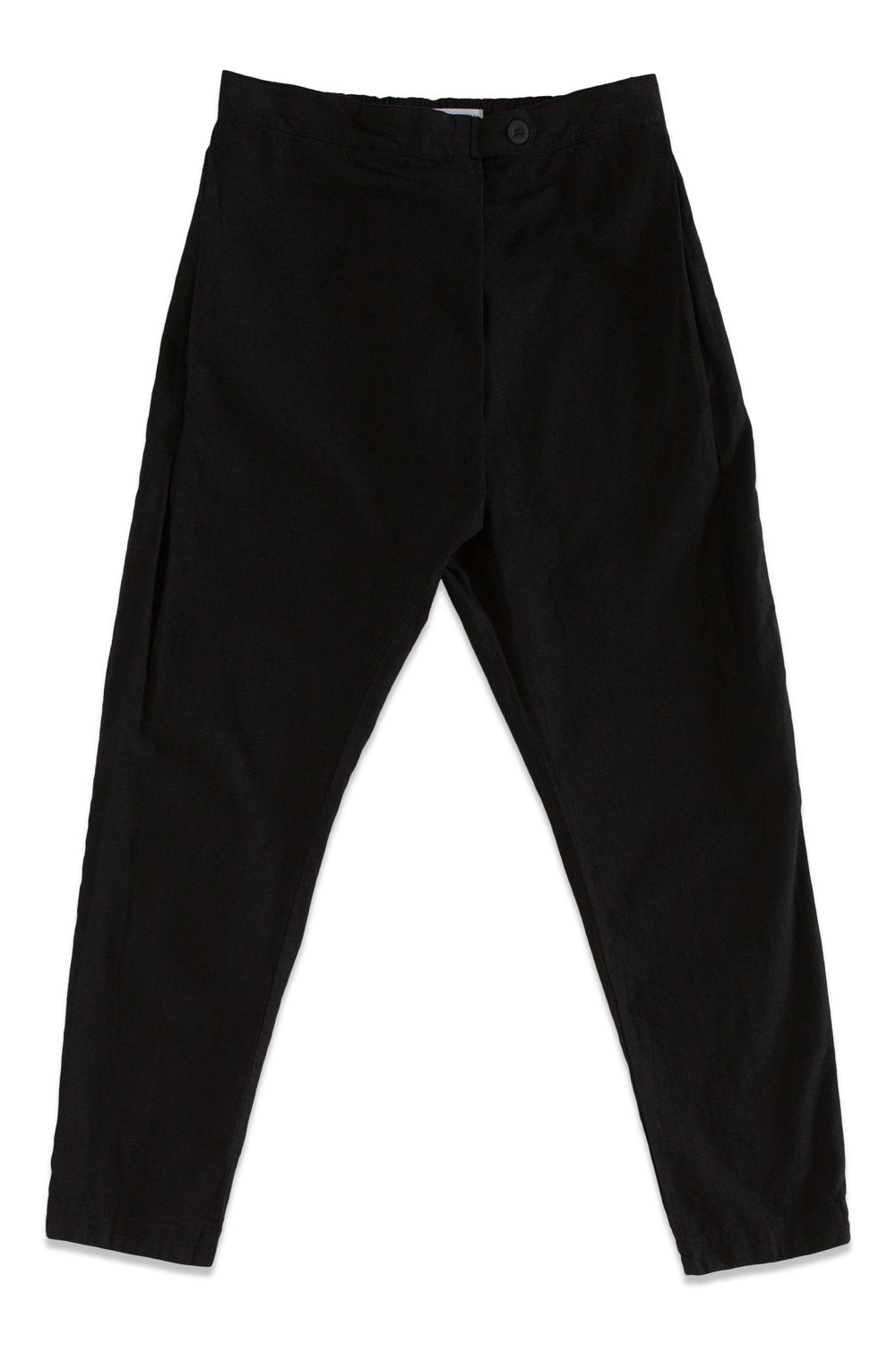 Front product view of black Souk pants with a buttoned waistband and tapered legs.