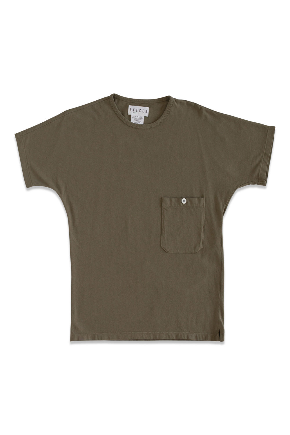 Front product view of the muted brown-gray Pocket Dolman Tee with a chest pocket.