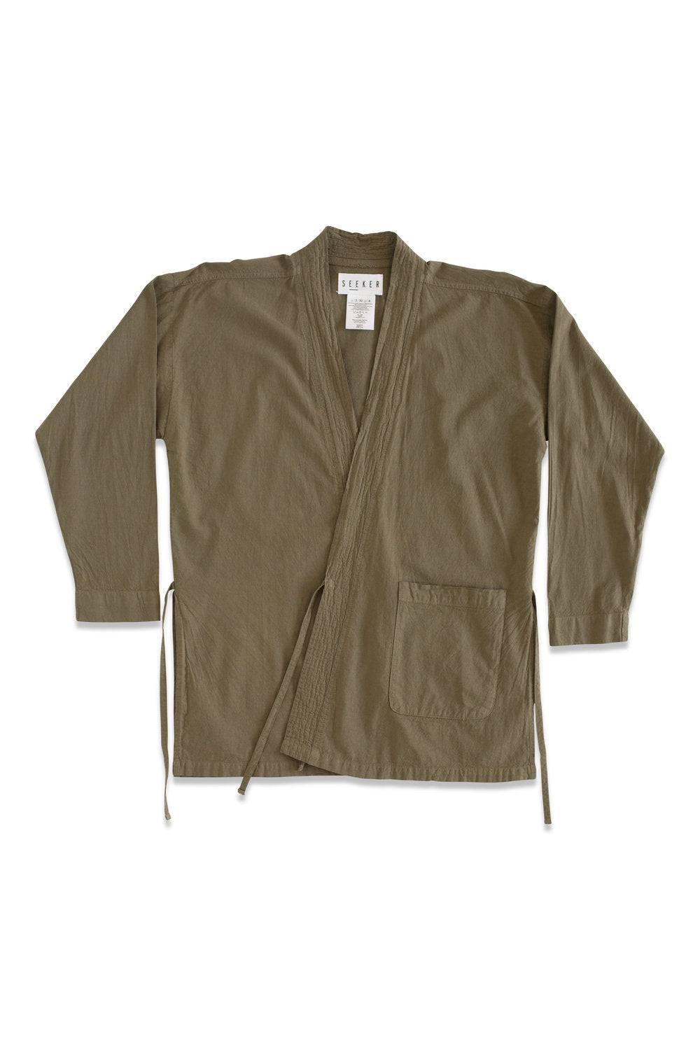 Front product view of the olive-green GI wrap jacket with a V-neck, waist ties, and two large patch pockets.