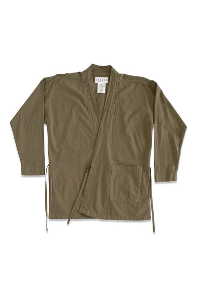 Front product view of the olive-green GI wrap jacket with a V-neck, waist ties, and two large patch pockets.