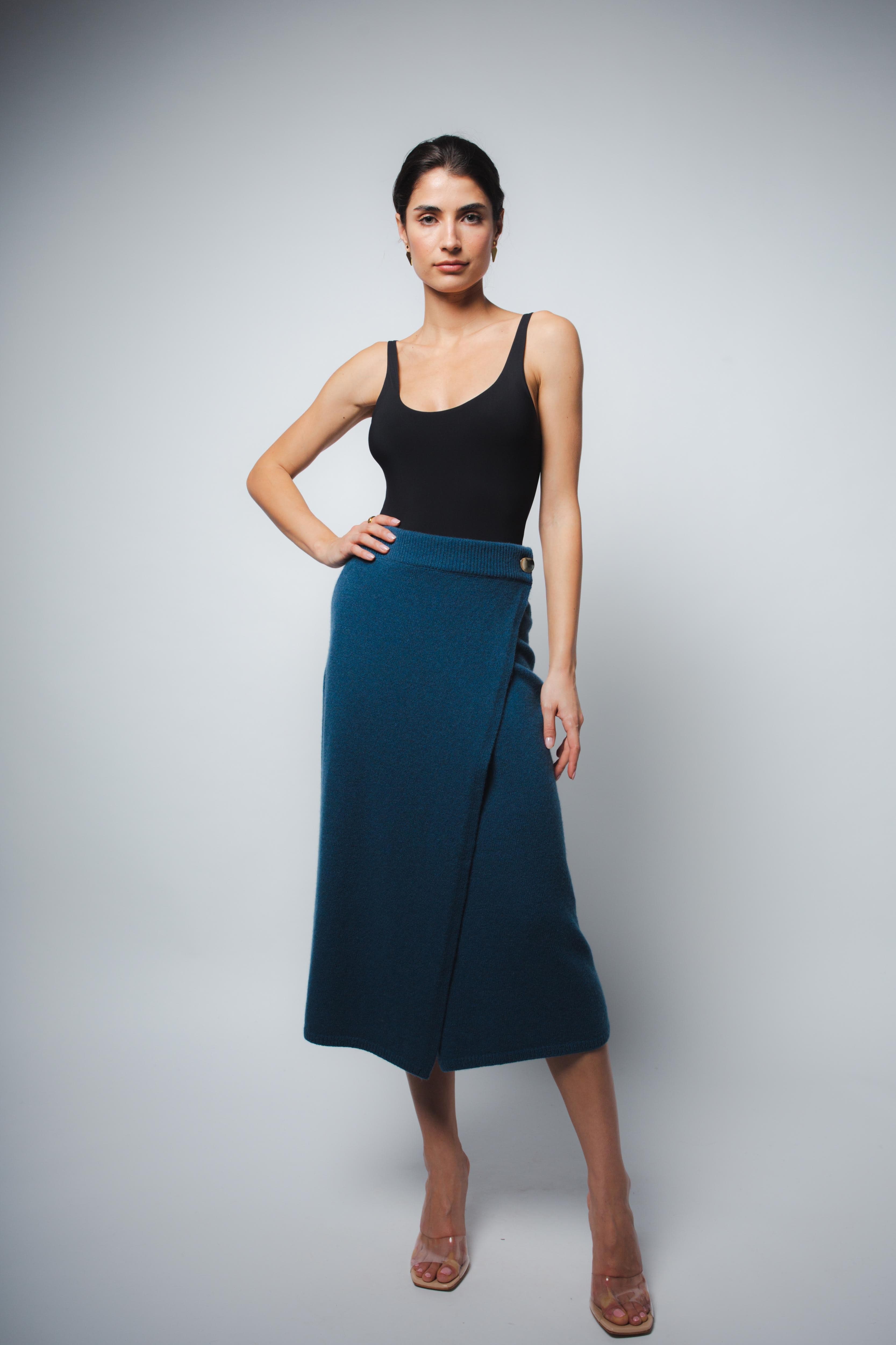 Lola Tank Bodysuit in black, styled front view with blue wrap skirt — Santicler Japandi fashion