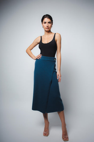 Lola Tank Bodysuit in black, styled front view with blue wrap skirt — Santicler Japandi fashion