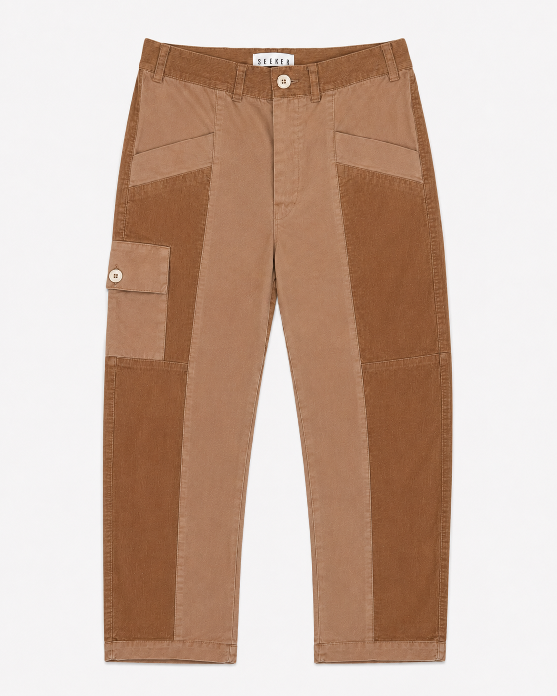 Front product view of rust-brown Trek pants with contrasting tonal panels and a buttoned cargo pocket.