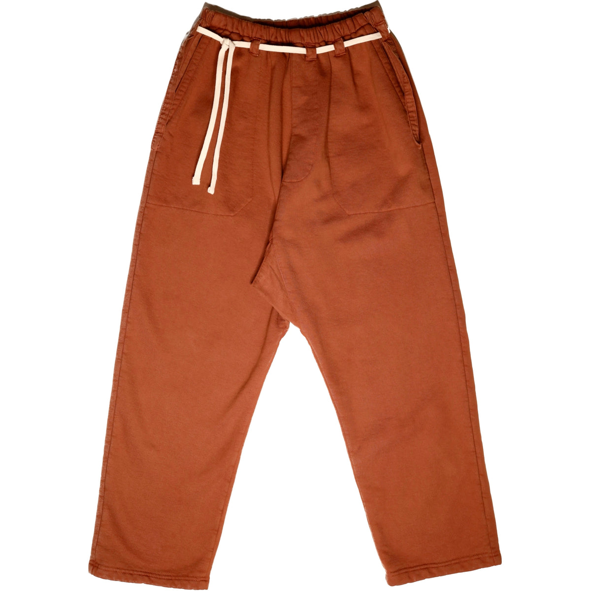 Front product view of rust-orange Picasso pants with a relaxed drop-crotch fit and white drawstring.