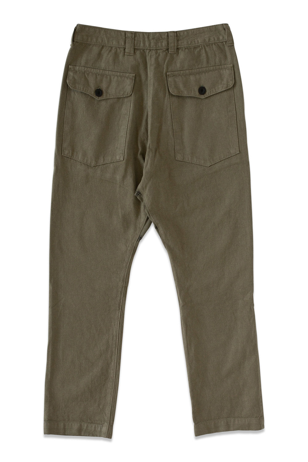 Back product view of olive-green Vet Chinos with an elasticized waistband and two buttoned patch pockets.