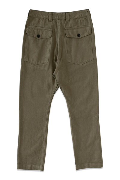 Back product view of olive-green Vet Chinos with an elasticized waistband and two buttoned patch pockets.