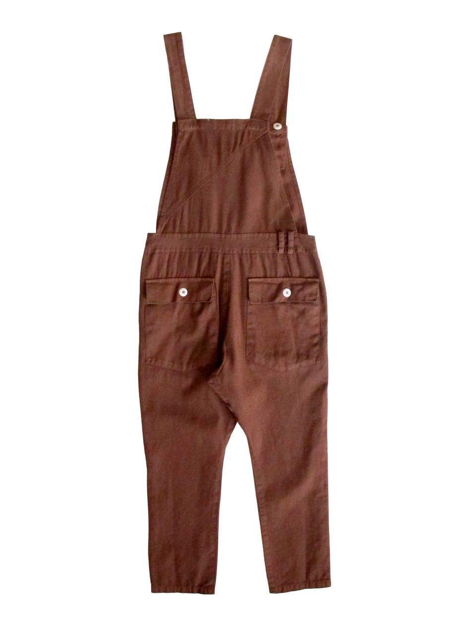 Back product view of rust-brown overalls with side buttons and rear pockets.