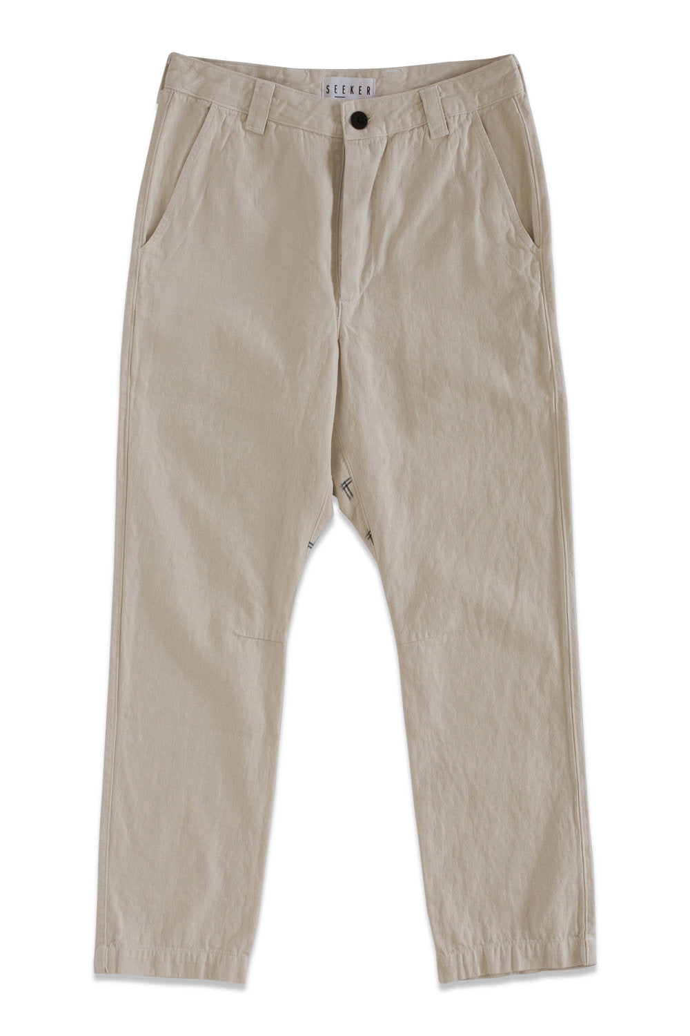 Front product view of light beige Vet Chinos with a buttoned waistband and tapered legs.