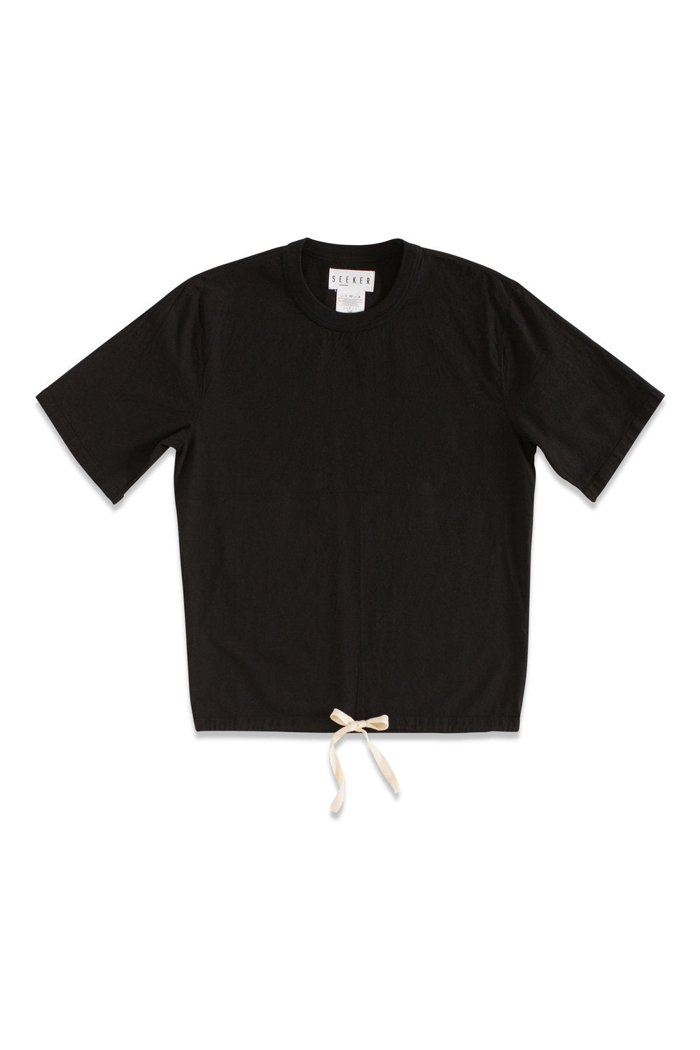 Front product view of the black short-sleeve Cinch Shirt with a white adjustable hem drawcord.