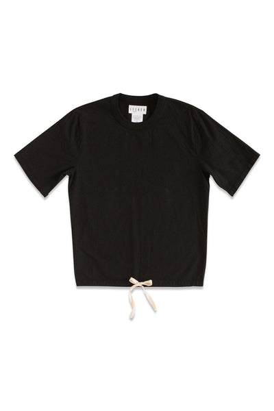 Front product view of the black short-sleeve Cinch Shirt with a white adjustable hem drawcord.
