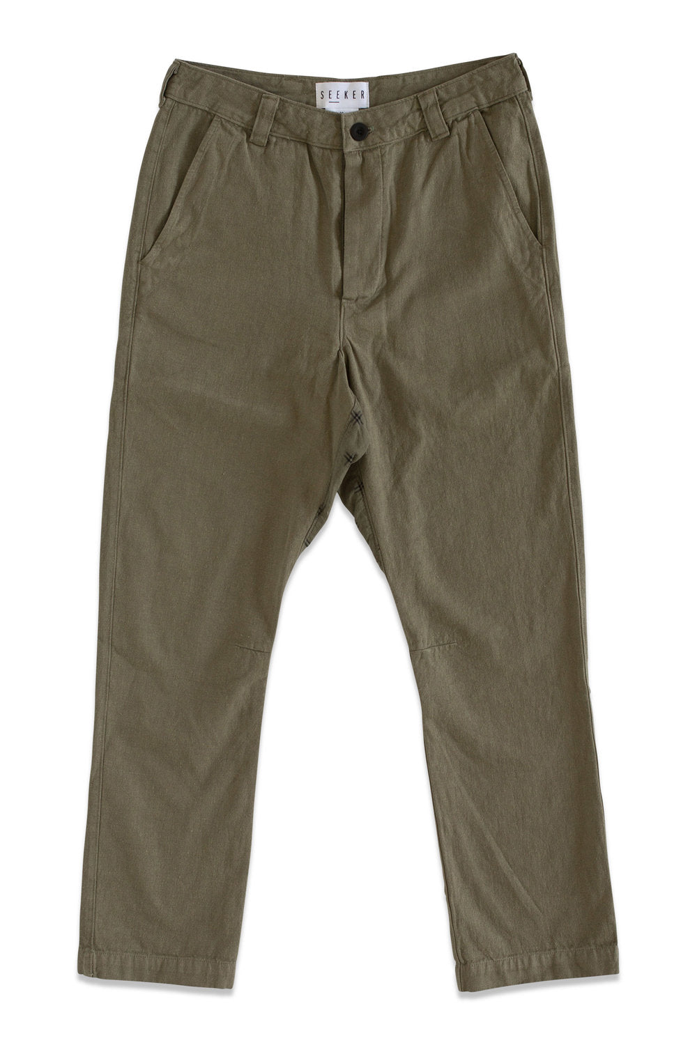 Front product view of olive-green Vet Chinos with a buttoned waistband and tapered legs.