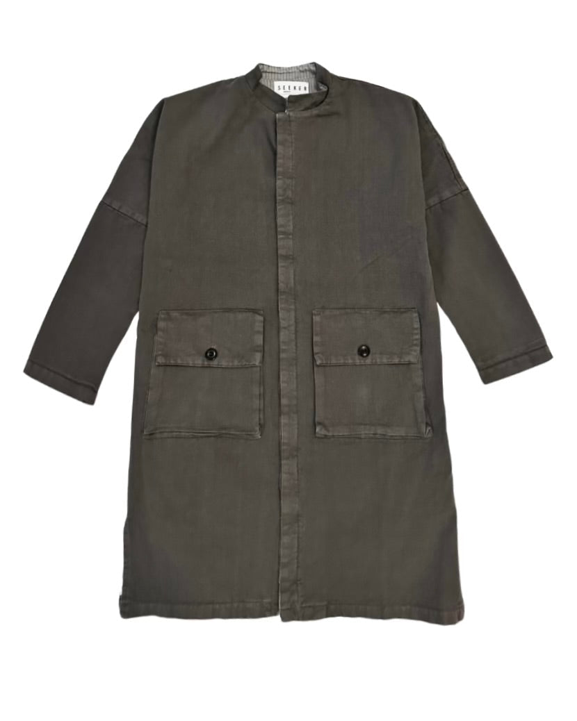 Front product view of the dark olive Passage Jacket with a band collar, button closure, and two large flap pockets.