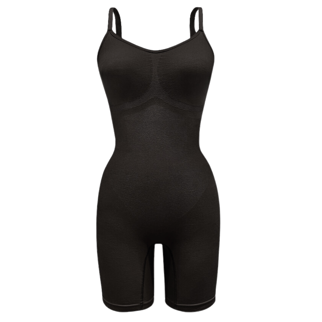Black seamless shapewear bodysuit with mid-thigh length and light compression support