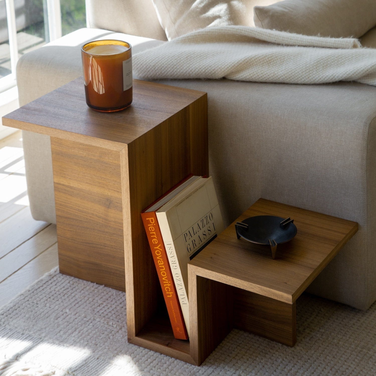 Black patina Milan ashtray styled on wooden Valley side table