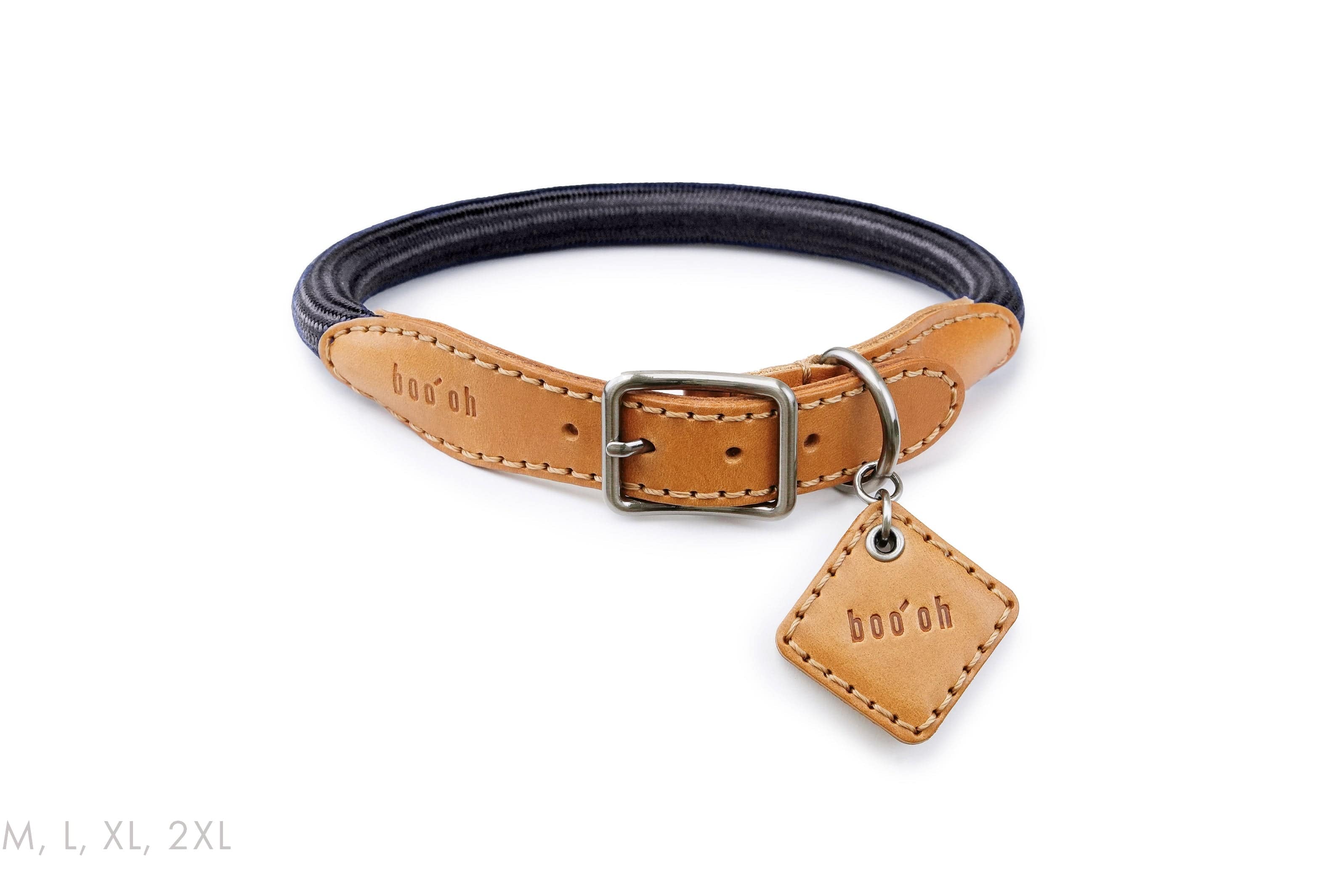 A black dog collar made from Italian Buttero leather, featuring a custom rayon silk rope and a square tag with the name Boo oh, personalized dog collar
