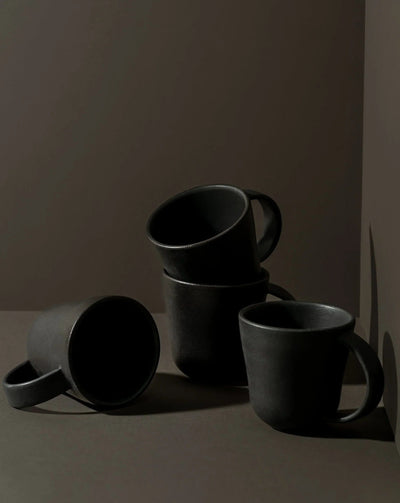 Gharyan Stoneware Japandi Tableware Mug, Matte Black, set of 4 styled together