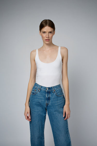 Ava Organic Cotton Bra Tank Top in white, full-length styled view — Santicler Japandi fashion