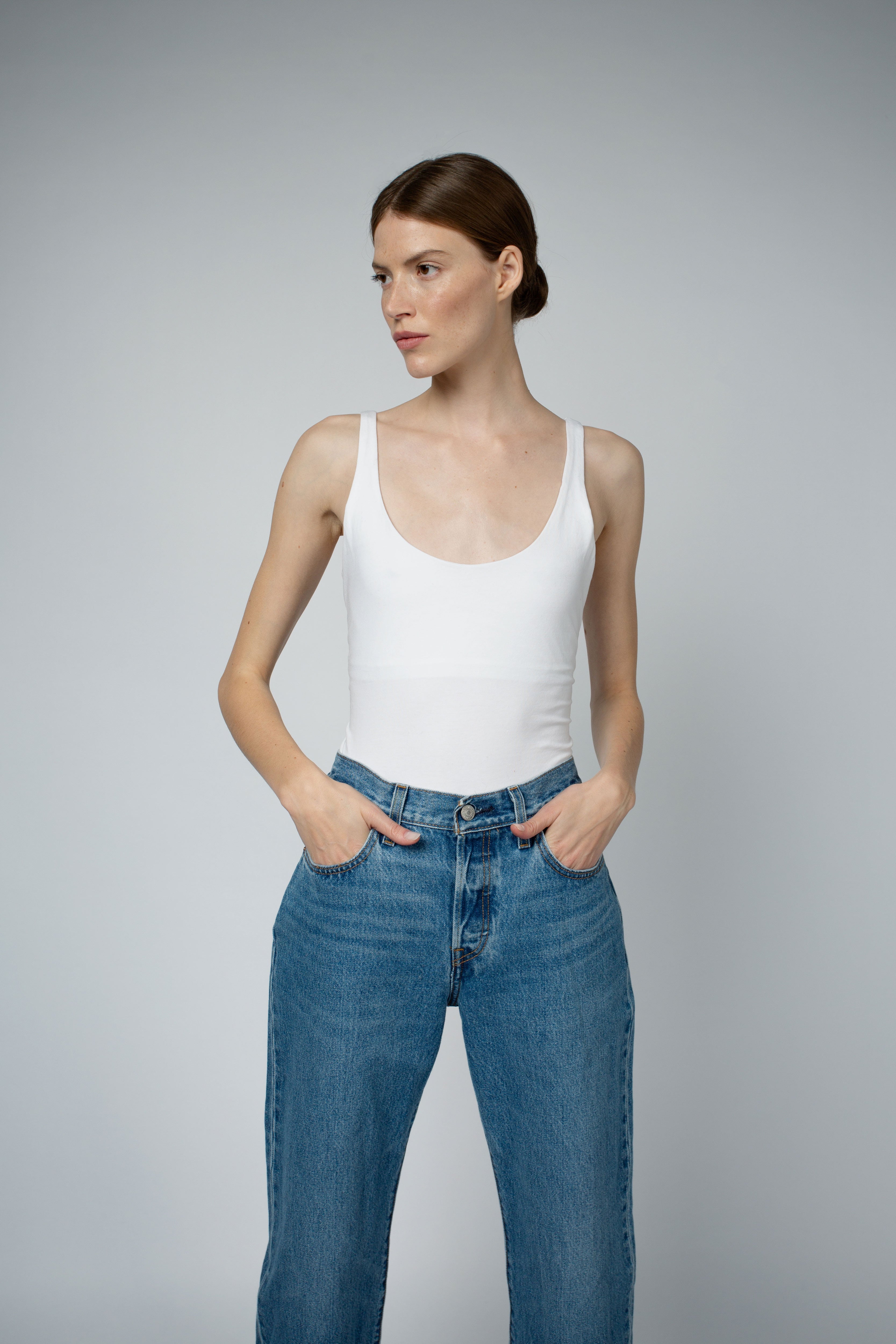 Ava Organic Cotton Bra Tank Top in white, front three-quarter view — Santicler Japandi fashion