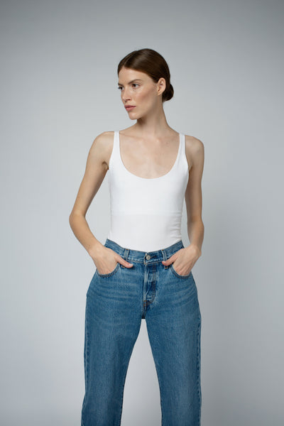 Ava Organic Cotton Bra Tank Top in white, front three-quarter view — Santicler Japandi fashion