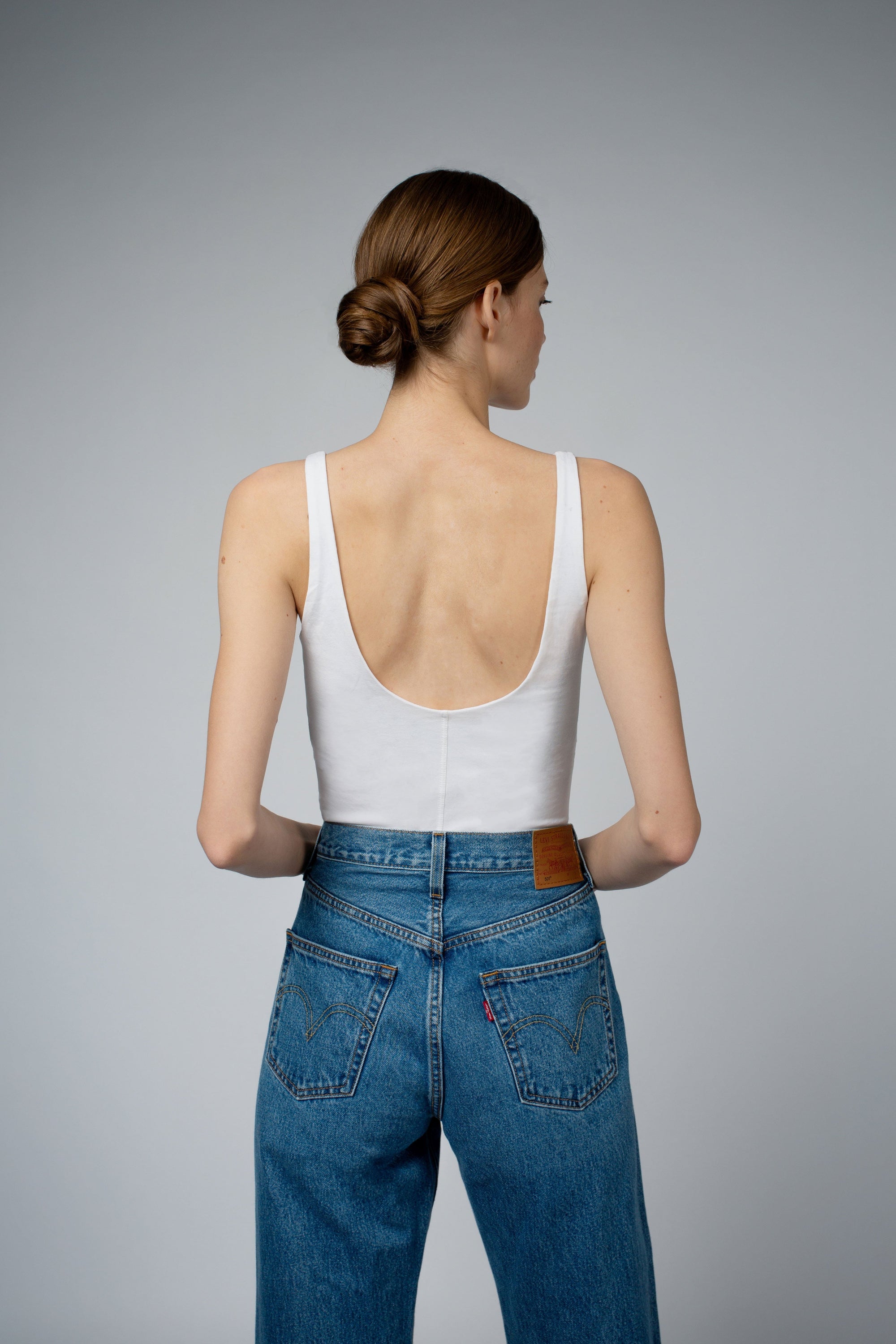 Ava Organic Cotton Bra Tank Top in white, full-length front view — Santicler Japandi fashion