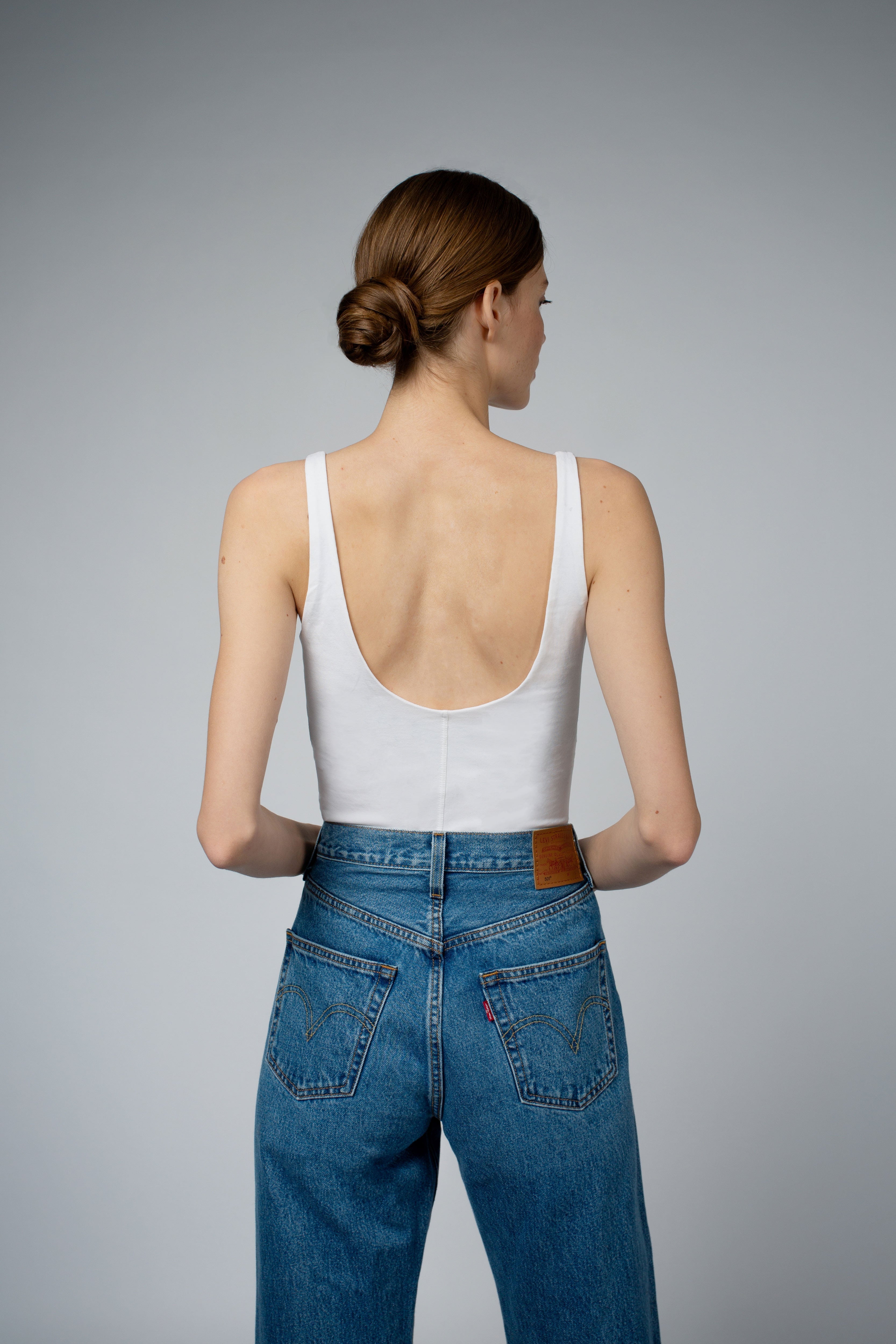 Ava Organic Cotton Bra Tank Top in white, full-length front view — Santicler Japandi fashion