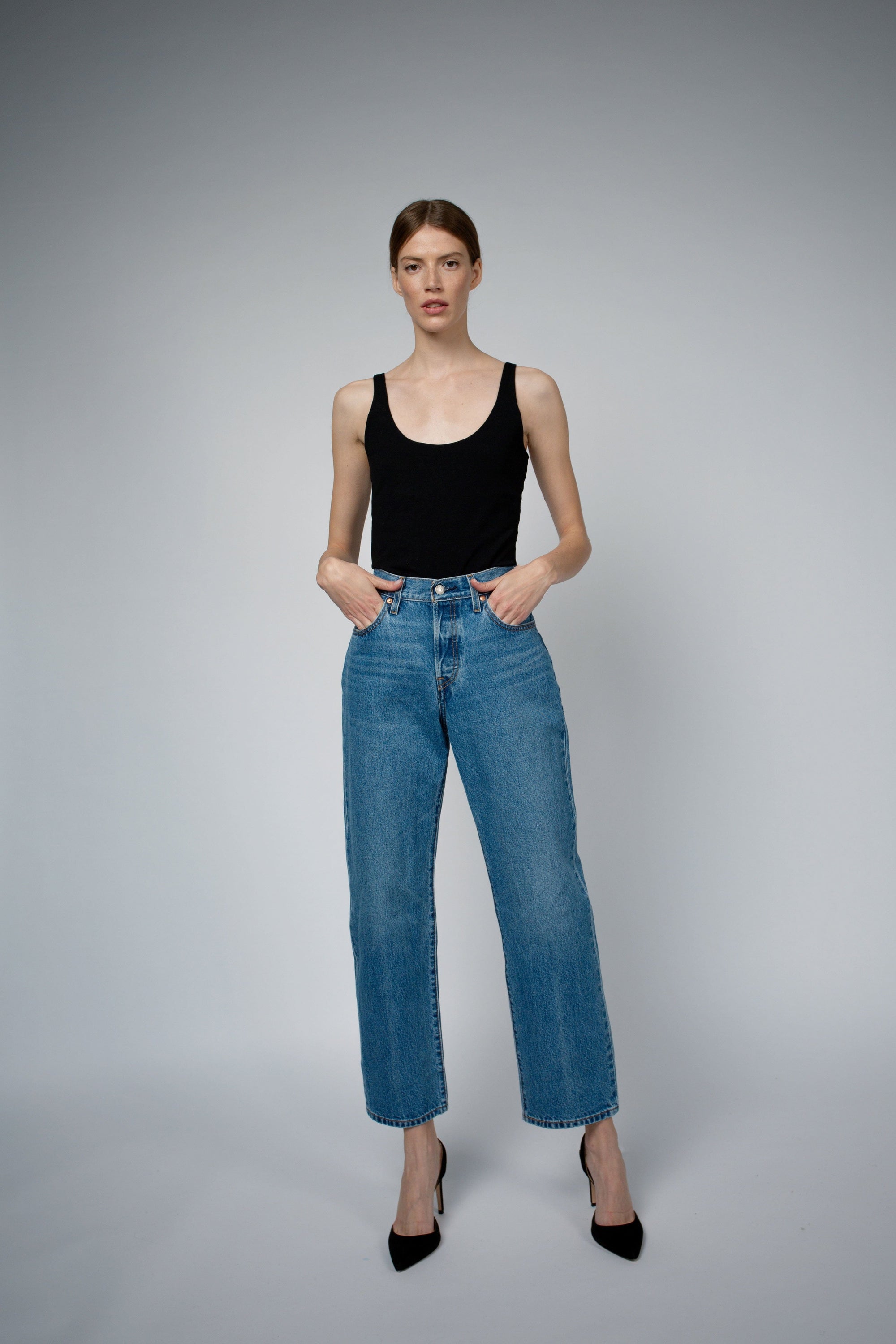 Ava Organic Cotton Bra Tank Top in black, full-length front view — Santicler Japandi fashion