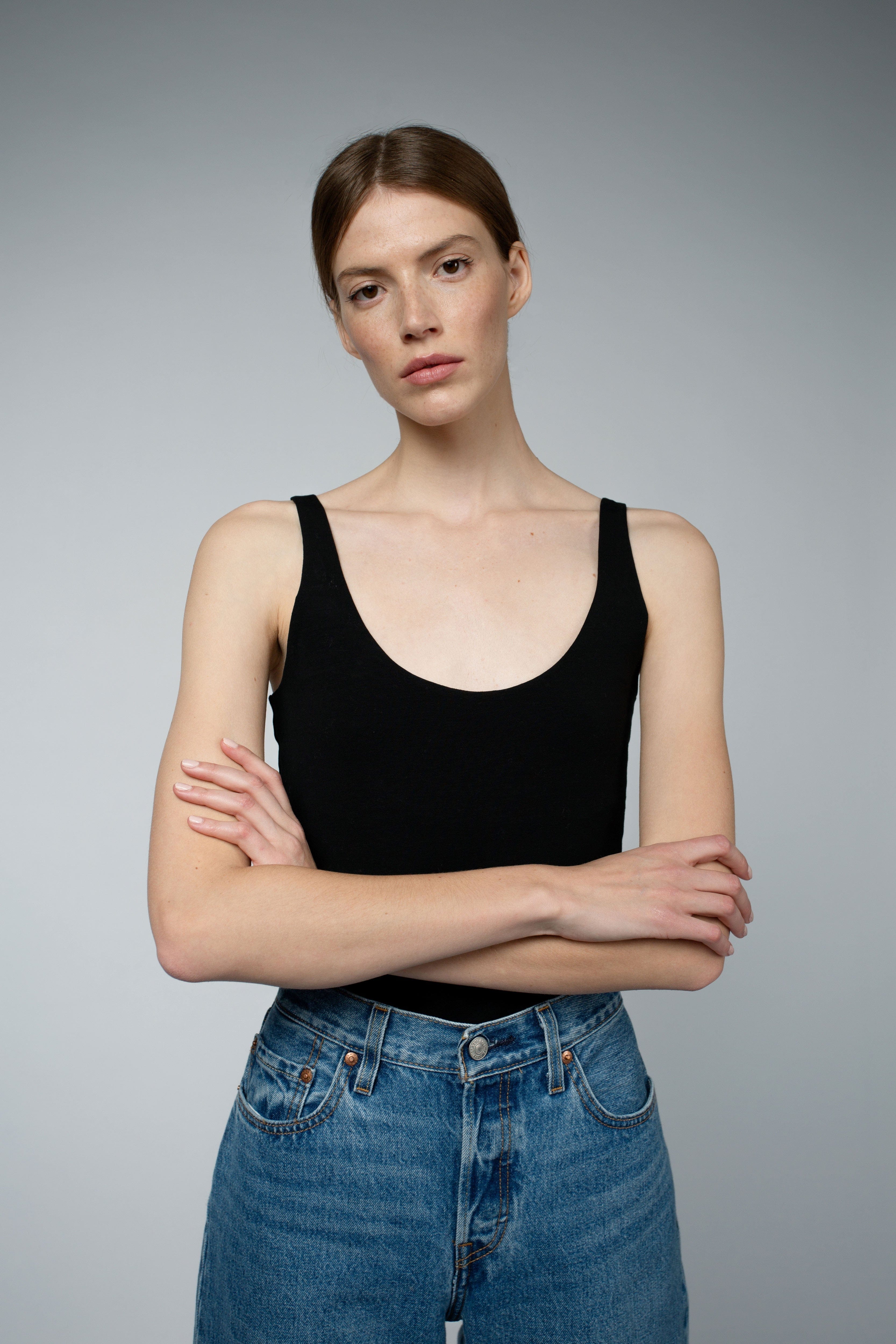 Ava Organic Cotton Bra Tank Top in black, front close view — Santicler Japandi fashion