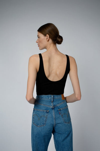 Ava Organic Cotton Bra Tank Top in black, back close view — Santicler Japandi fashion