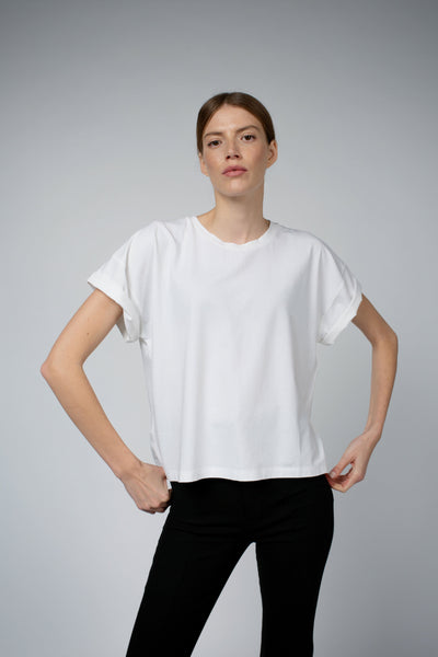 Bevin Organic Cotton Boyfriend T-Shirt in white, three-quarter view — Santicler Japandi fashion