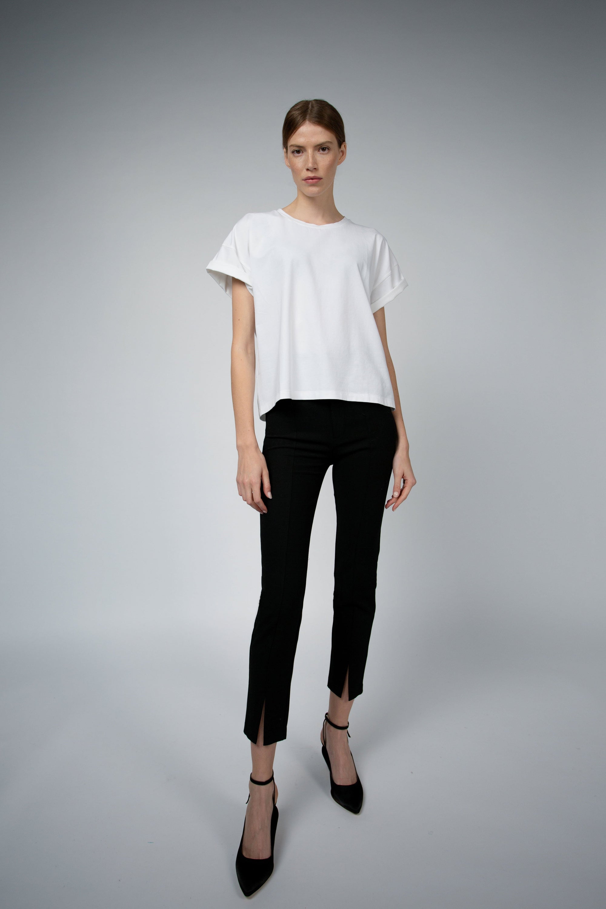 Bevin Organic Cotton Boyfriend T-Shirt in white, full-length front view — Santicler Japandi fashion