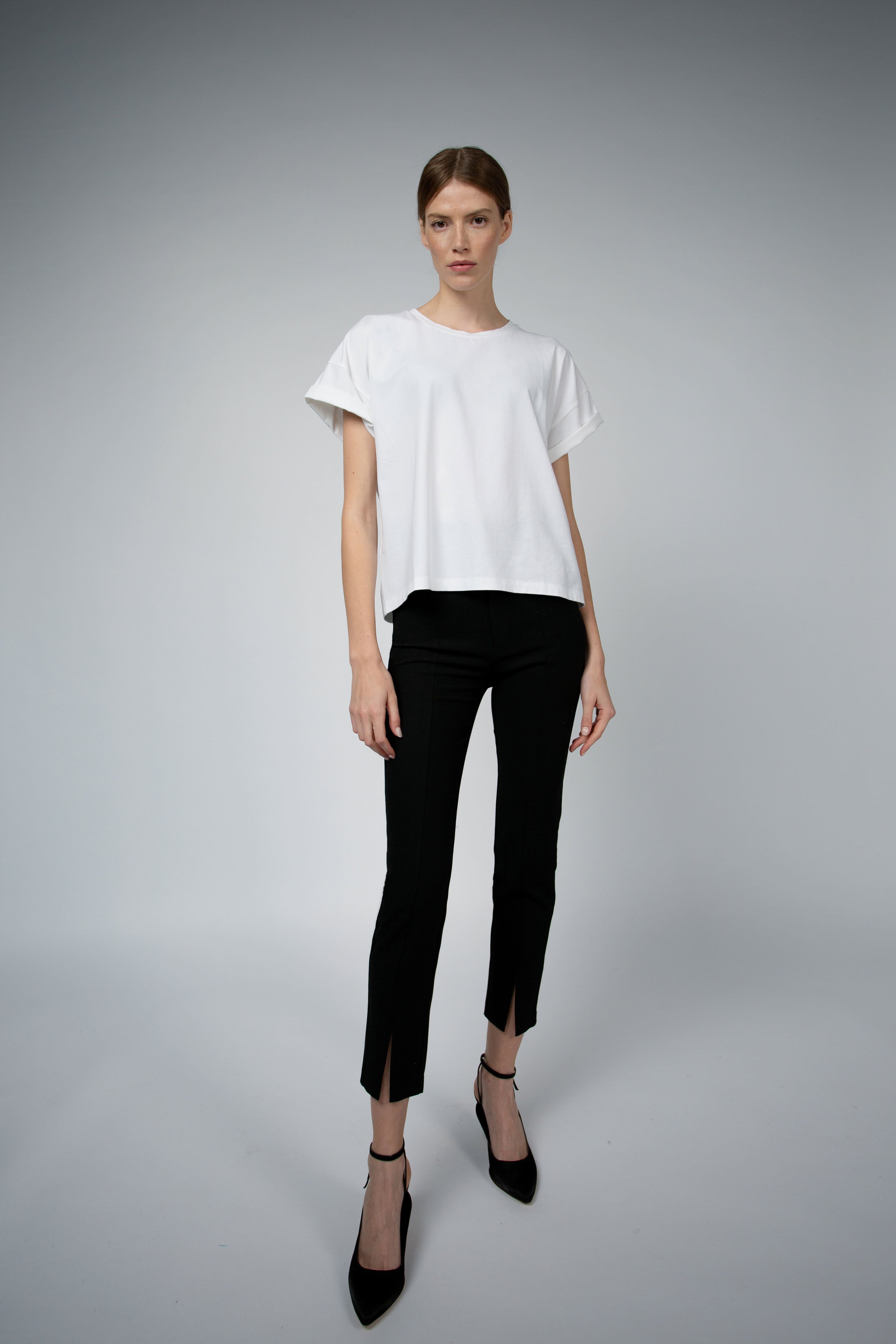 Bevin Organic Cotton Boyfriend T-Shirt in white, full-length front view — Santicler Japandi fashion