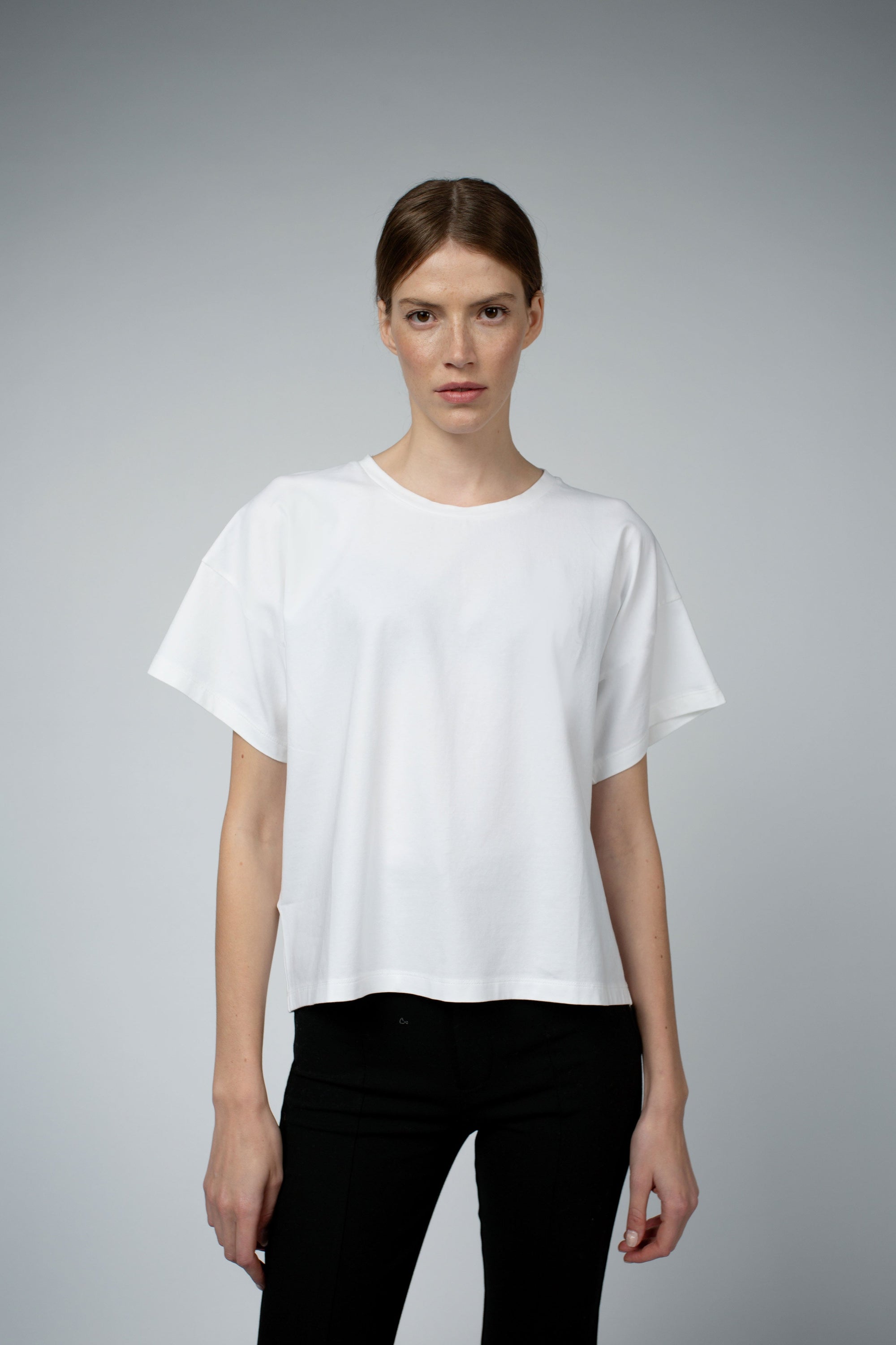 Bevin Organic Cotton Boyfriend T-Shirt in white, front close view — Santicler Japandi fashion