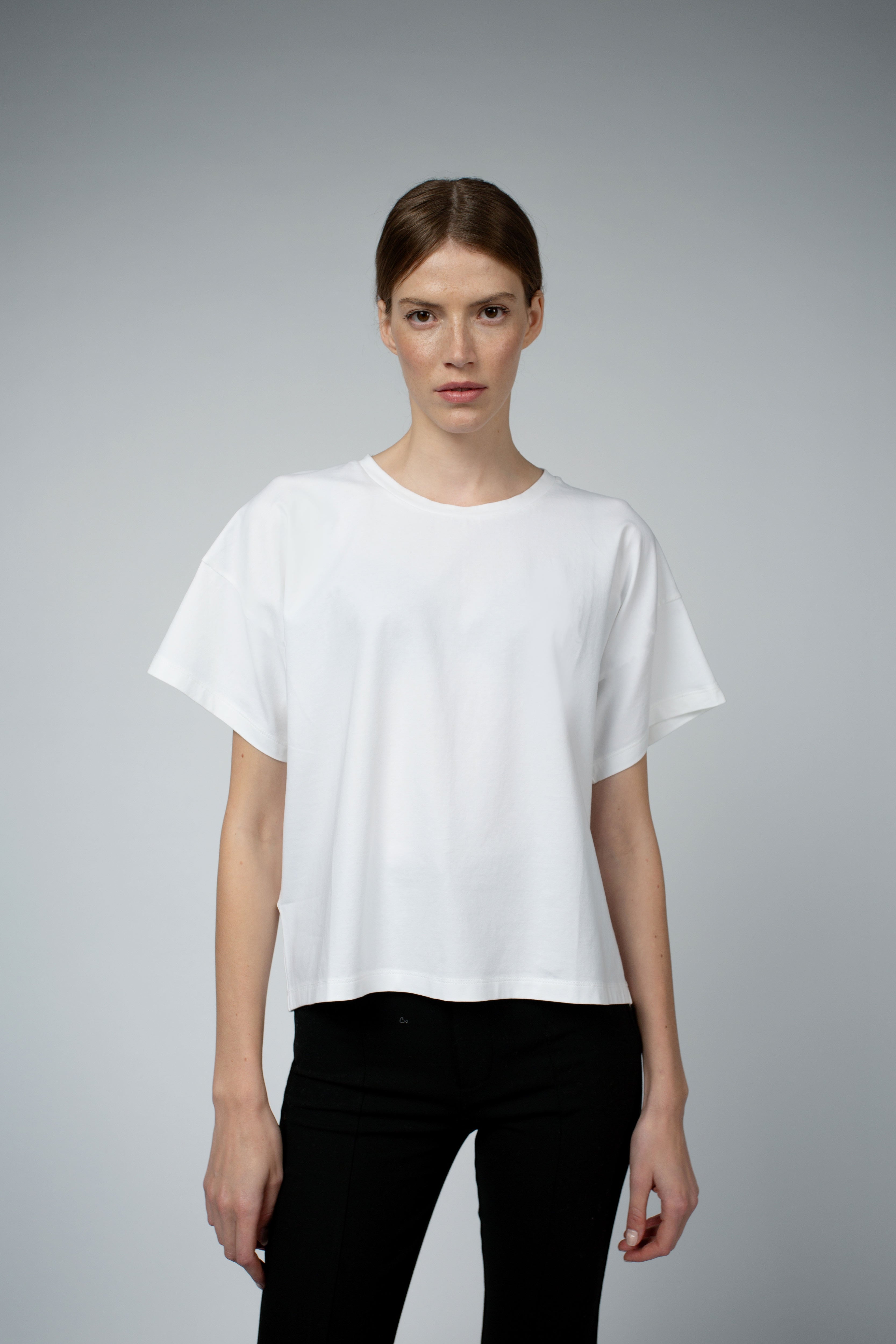 Bevin Organic Cotton Boyfriend T-Shirt in white, front close view — Santicler Japandi fashion