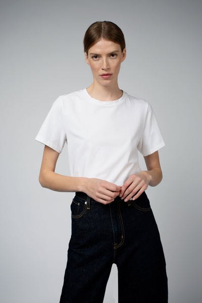 Adry Organic Cotton Crew Neck T-Shirt in white, back view — Santicler Japandi fashion