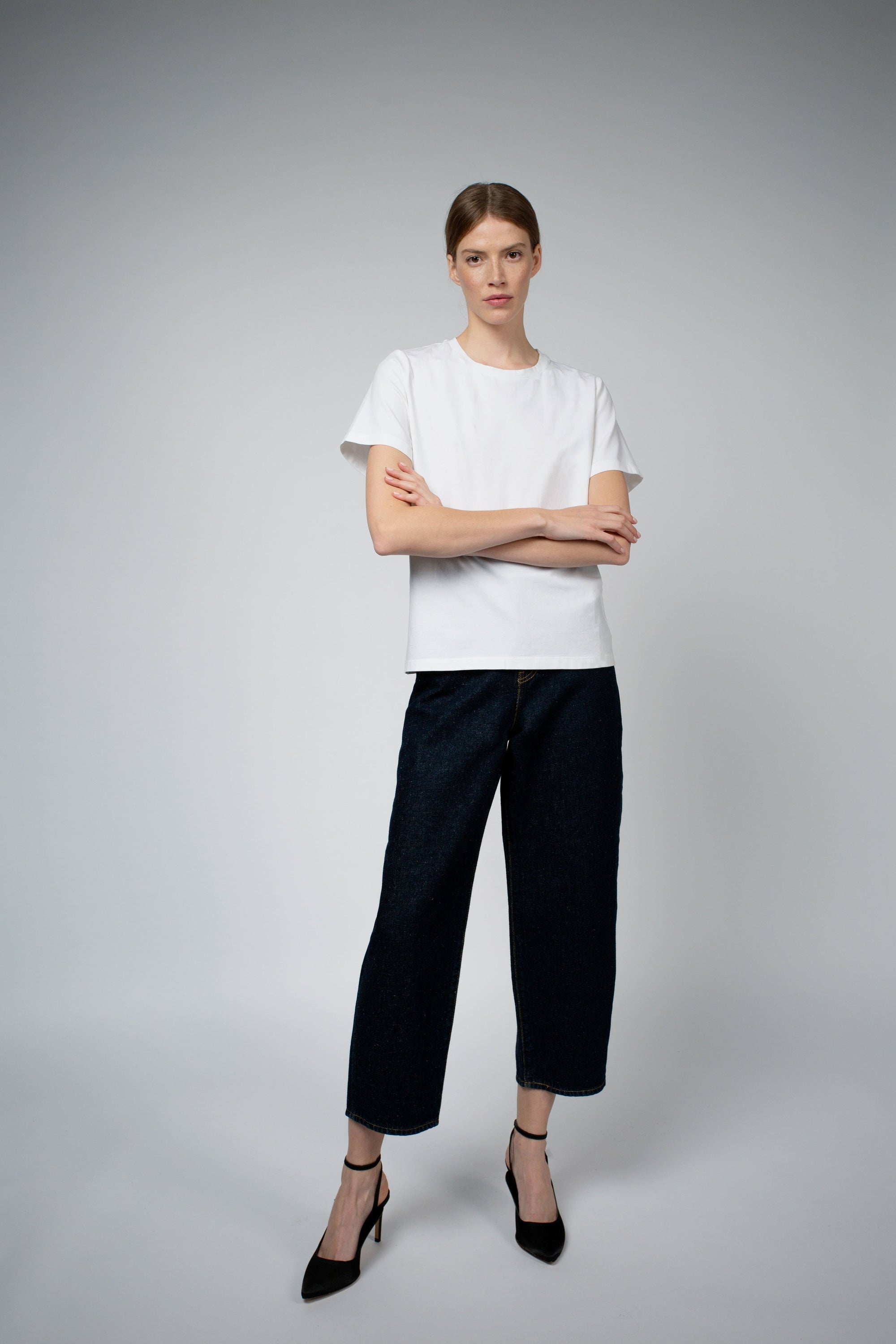 Adry Organic Cotton Crew Neck T-Shirt in white, three-quarter view — Santicler Japandi fashion