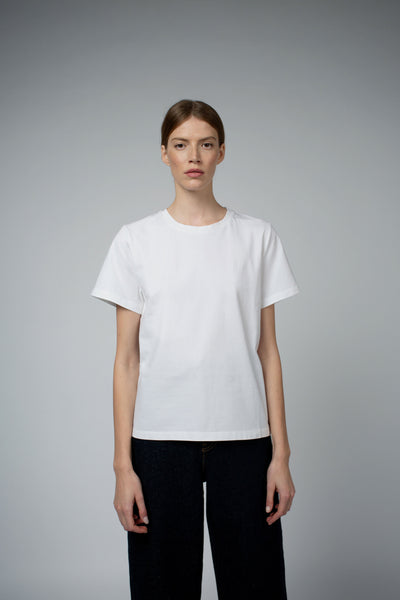 Adry Organic Cotton Crew Neck T-Shirt in white, full-length front view — Santicler Japandi fashion
