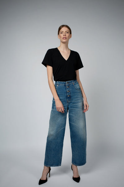 Magda Organic Cotton V-Neck T-Shirt in black, styled full-length view — Santicler Japandi fashion