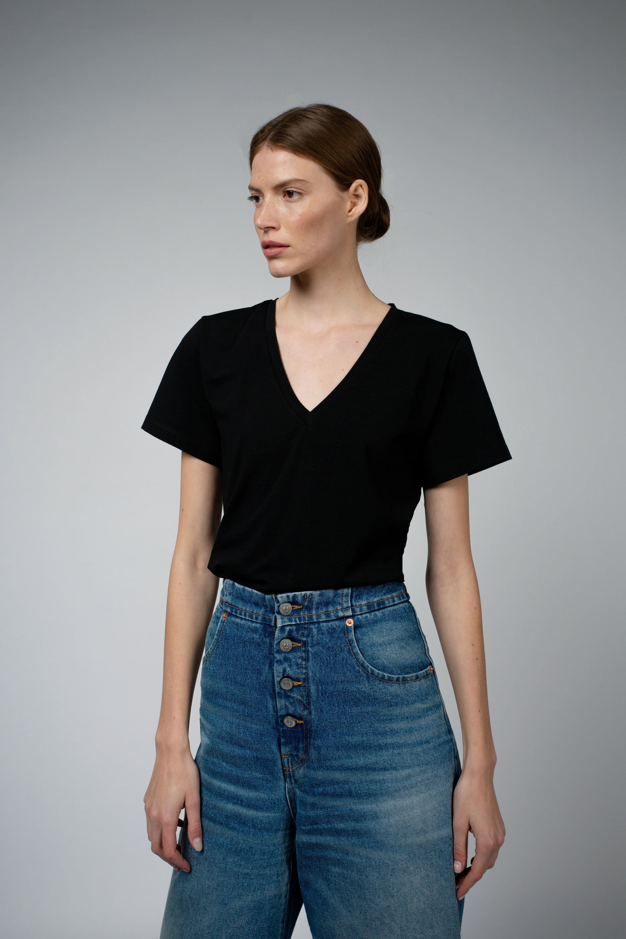 Magda Organic Cotton V-Neck T-Shirt in black, front close view — Santicler Japandi fashion