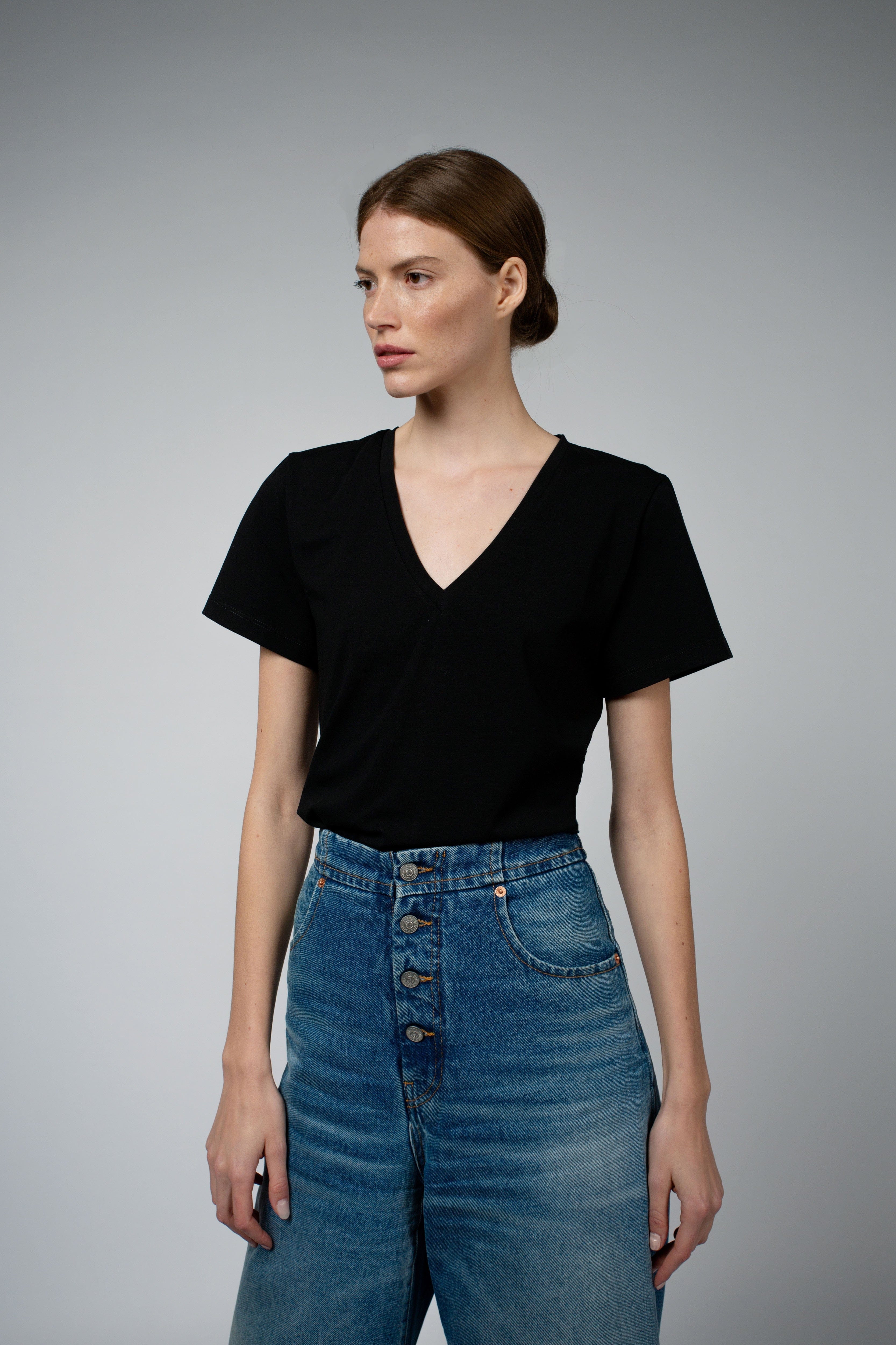 Magda Organic Cotton V-Neck T-Shirt in black, front close view — Santicler Japandi fashion