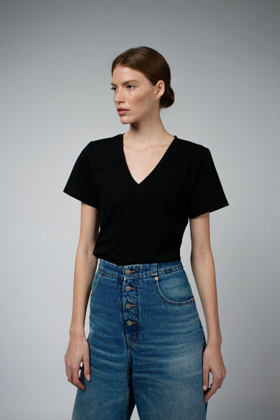 Magda Organic Cotton V-Neck T-Shirt in black, front close view — Santicler Japandi fashion