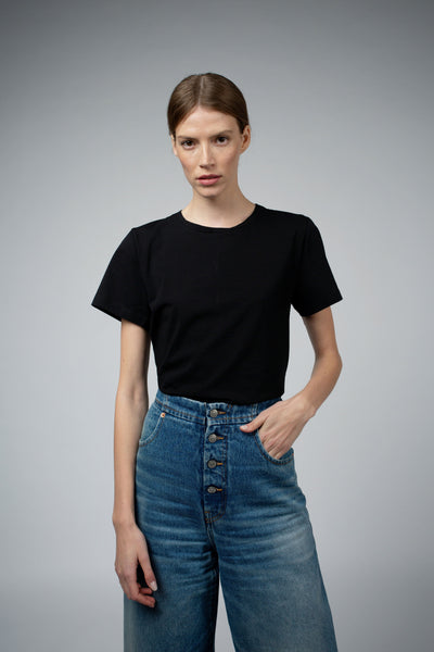 Adry Organic Cotton Crew Neck T-Shirt in black, full-length styled view — Santicler Japandi fashion