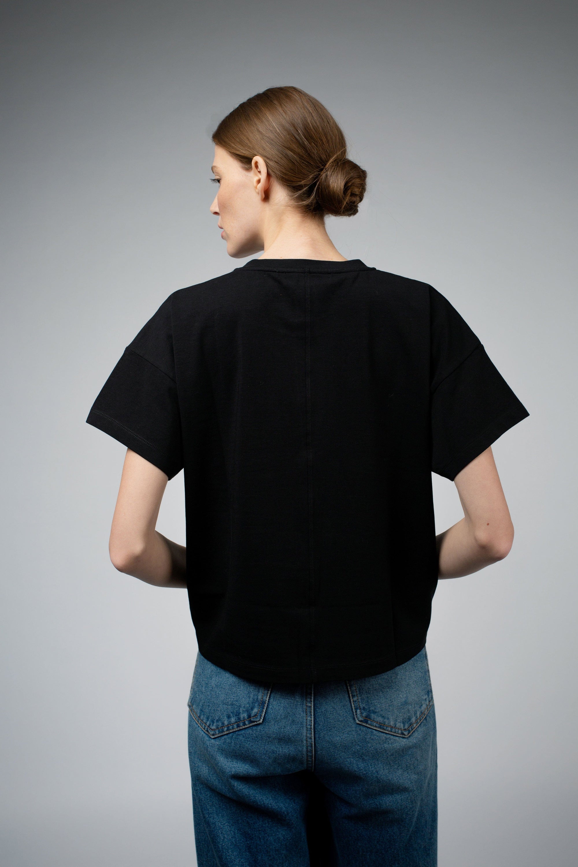 Bevin Organic Cotton Boyfriend T-Shirt in black, full-length styled view — Santicler Japandi fashion
