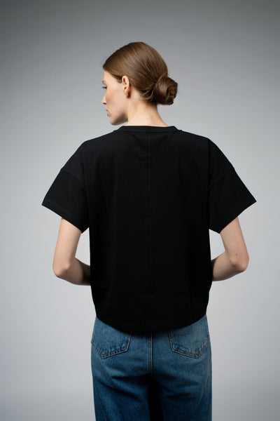 Bevin Organic Cotton Boyfriend T-Shirt in black, full-length styled view — Santicler Japandi fashion