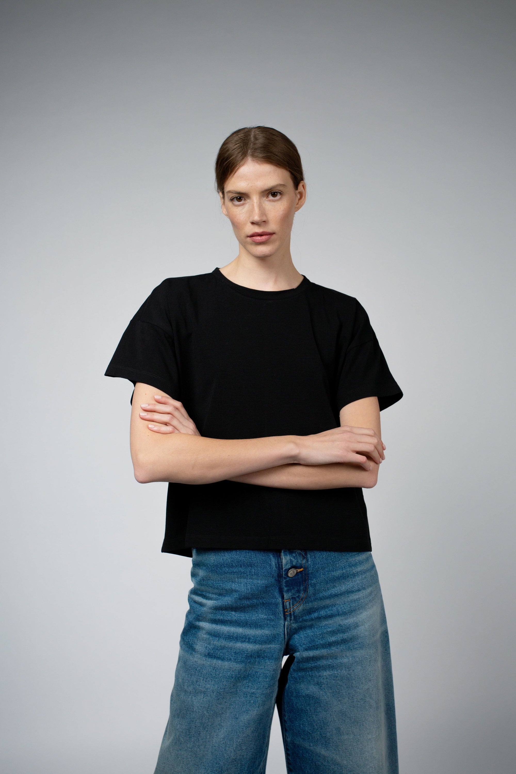 Bevin Organic Cotton Boyfriend T-Shirt in black, back close view — Santicler Japandi fashion