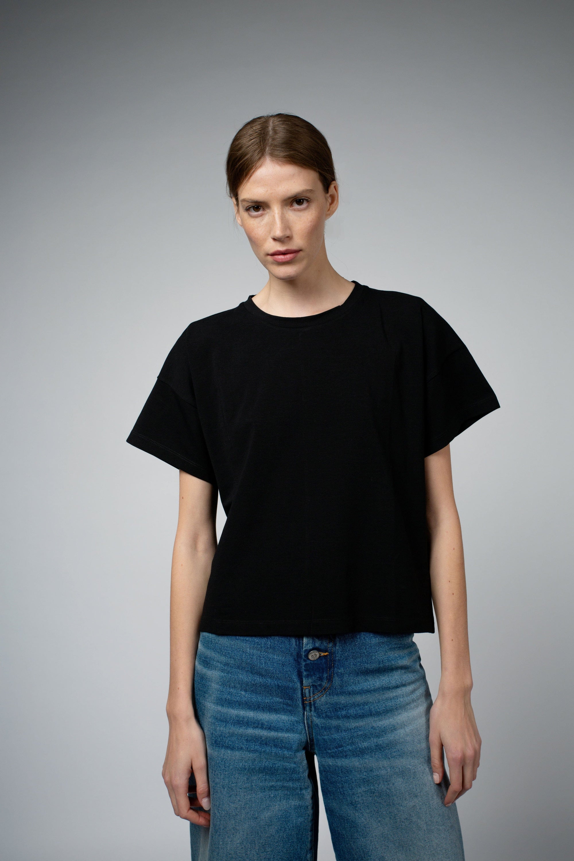 Bevin Organic Cotton Boyfriend T-Shirt in black, full-length front view — Santicler Japandi fashion