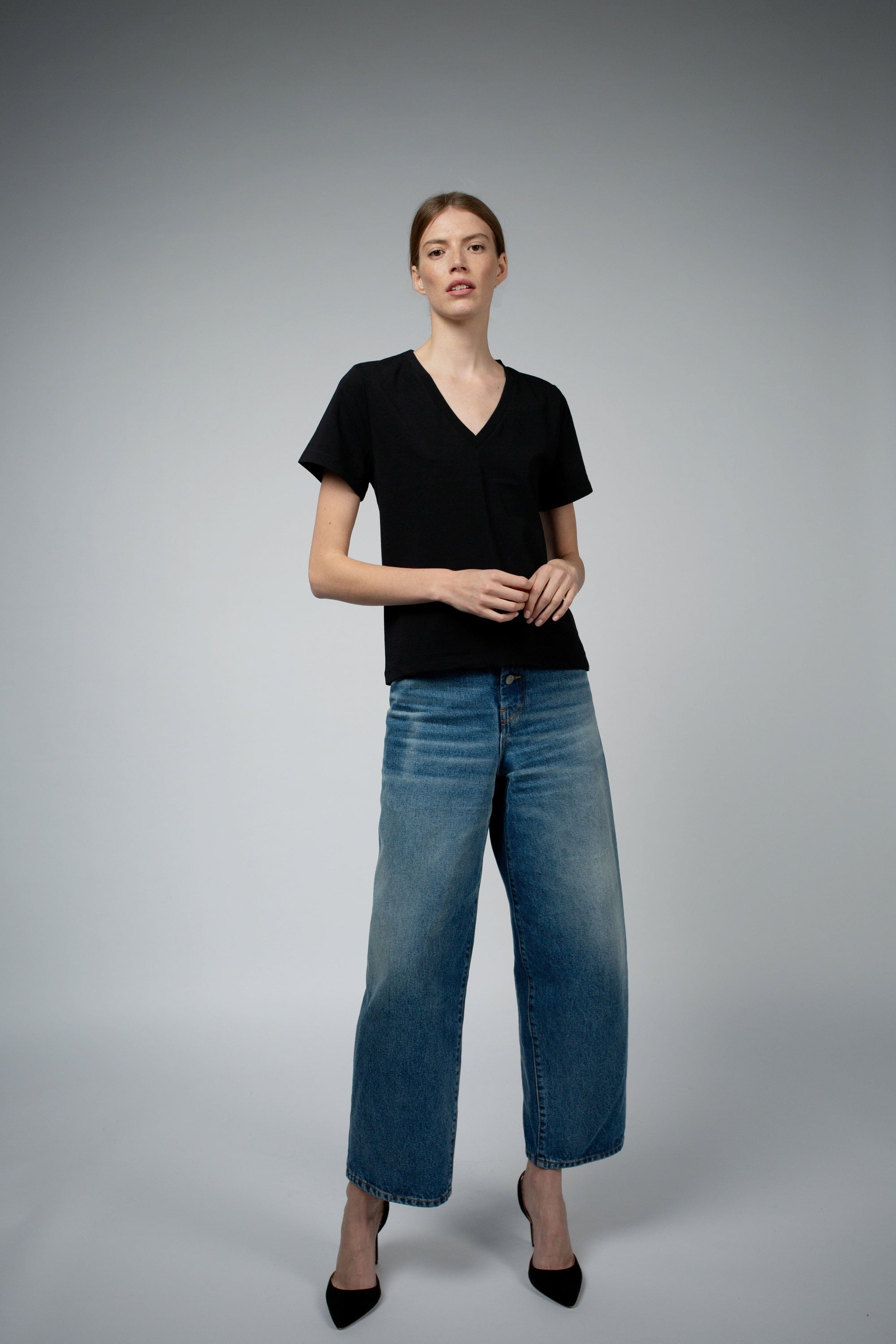 Magda Organic Cotton V-Neck T-Shirt in black, full-length front view — Santicler Japandi fashion