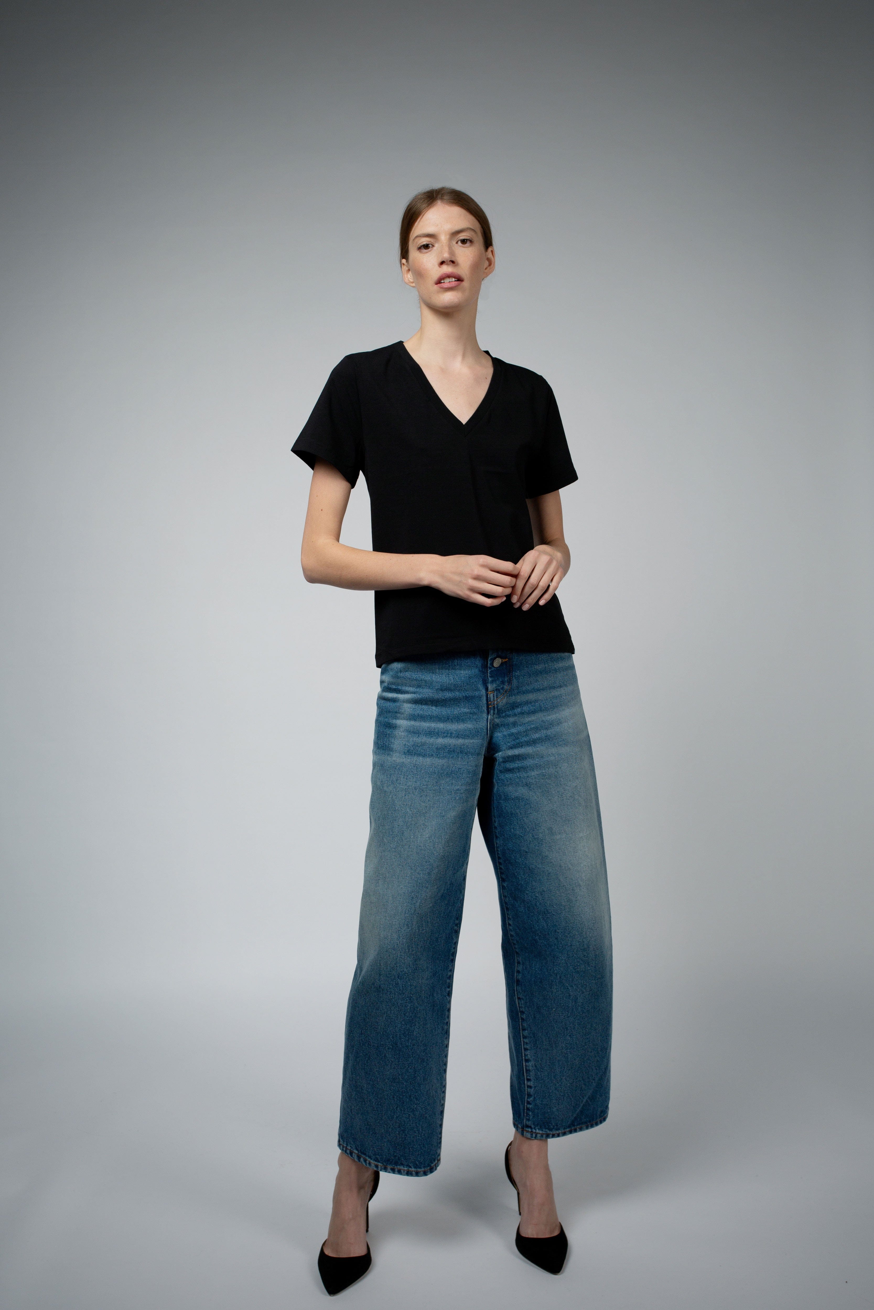 Magda Organic Cotton V-Neck T-Shirt in black, full-length front view — Santicler Japandi fashion